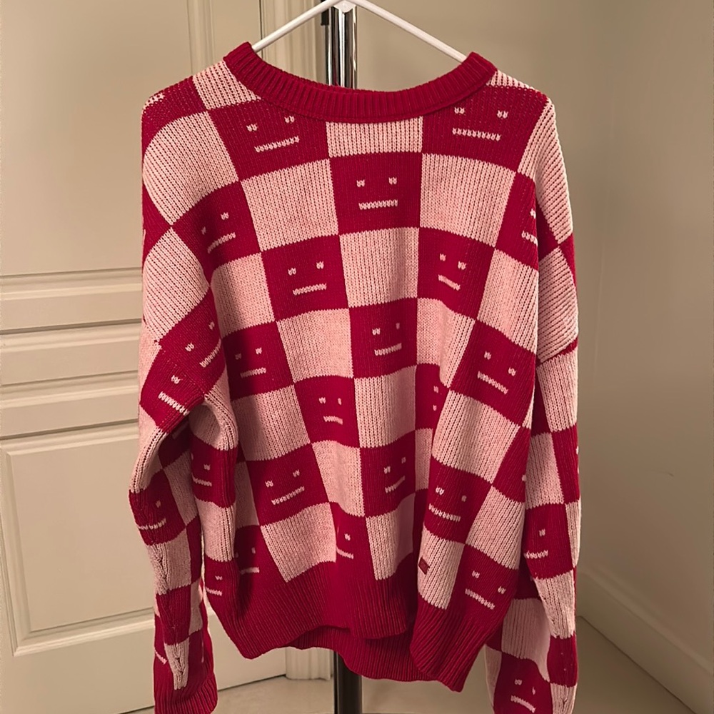 Pink and Red Checker Knit Sweater - Crewneck Women's Sweater